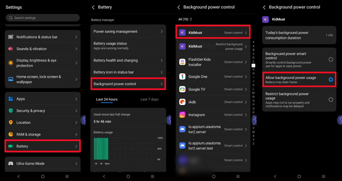 vivo Battery settings route to Background power control with KidMoat set to Allow background power usage