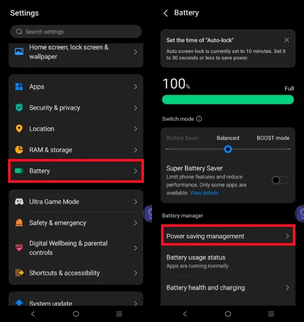 vivo Battery screen on Android 16 showing Power saving management