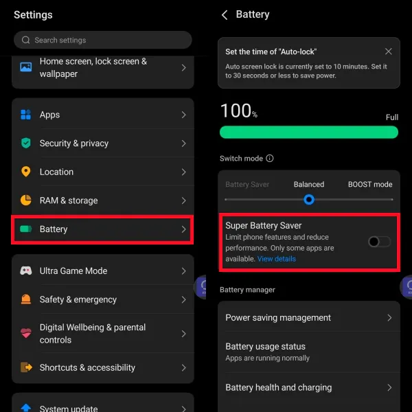vivo Battery screen with Super Battery Saver off and mode set to Balanced