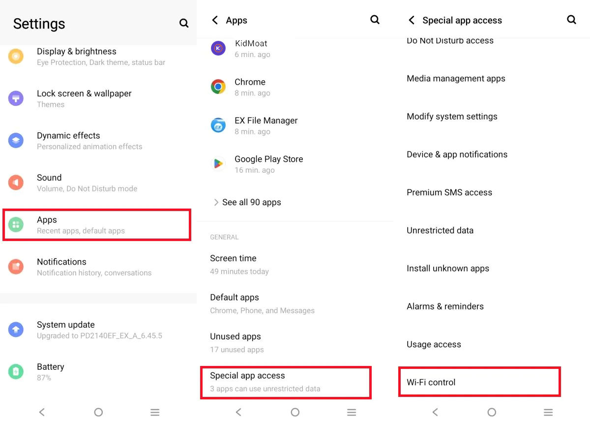 vivo Special app access list showing Wi-Fi control