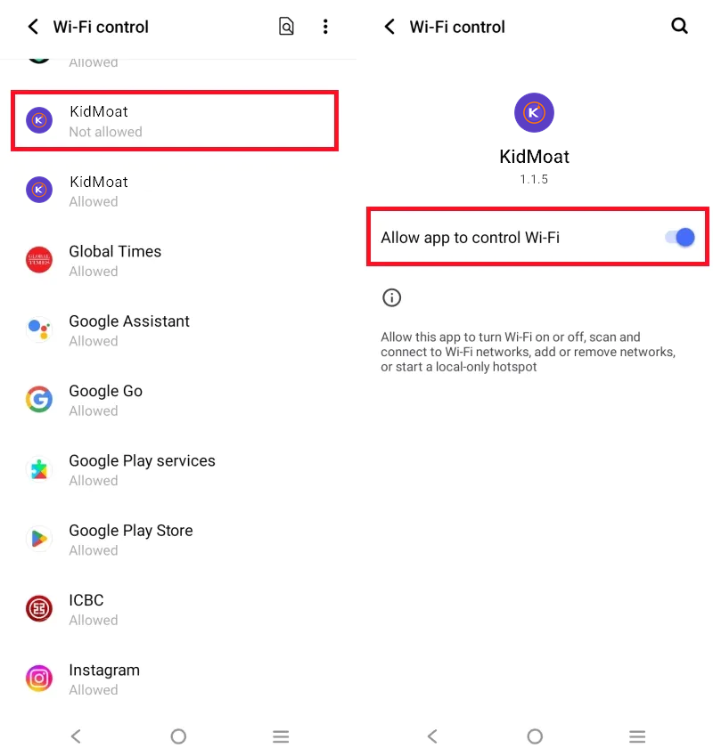 Wi-Fi control with Allow app to control Wi-Fi enabled for KidMoat