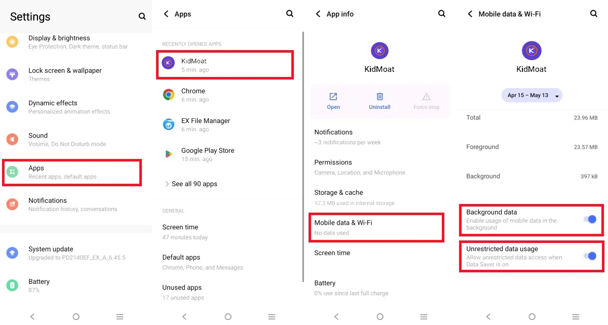 KidMoat Mobile data and Wi-Fi settings with both background data toggles on