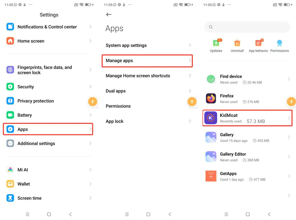 MIUI settings showing Apps, Manage apps and KidMoat in the app list