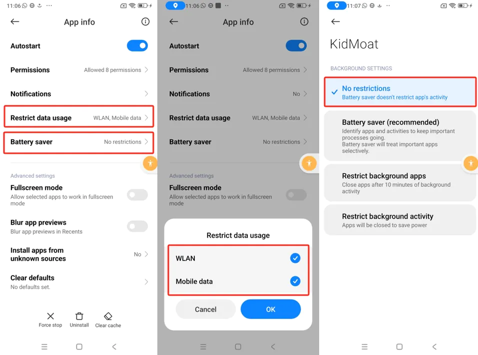 MIUI Restrict data usage dialog with WLAN and Mobile data ticked, and Background settings with No restrictions selected