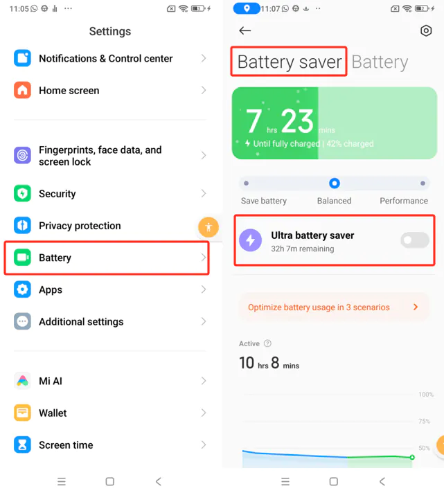 MIUI Battery saver screen with Ultra battery saver switched off and the Balanced mode selected