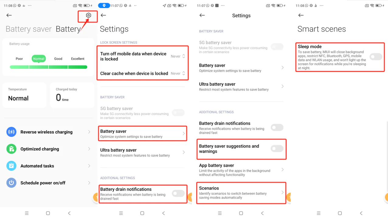 MIUI battery saver settings with lock-screen data and cache actions set to Never and Sleep mode off