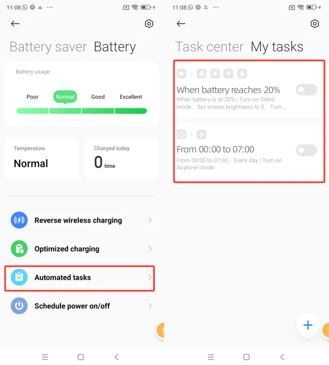 MIUI Task center showing automated battery tasks switched off
