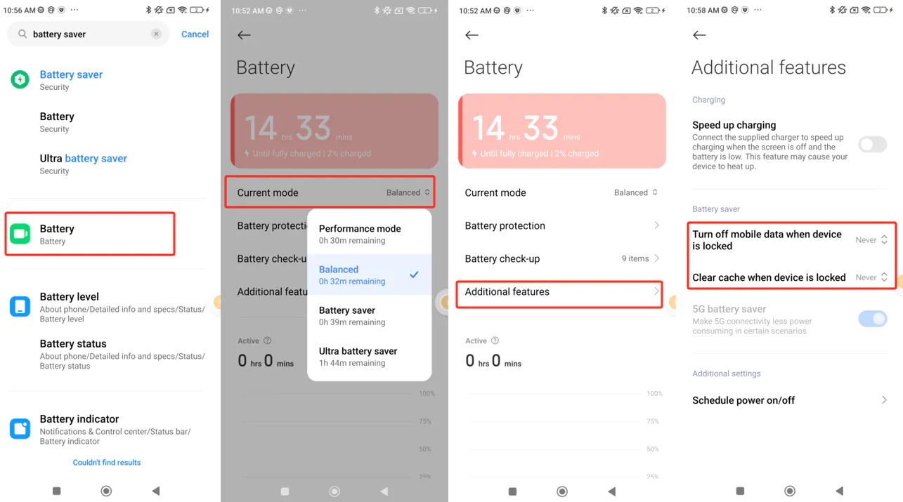 MIUI 14 Battery screen with mode set to Balanced and lock-screen data and cache options set to Never