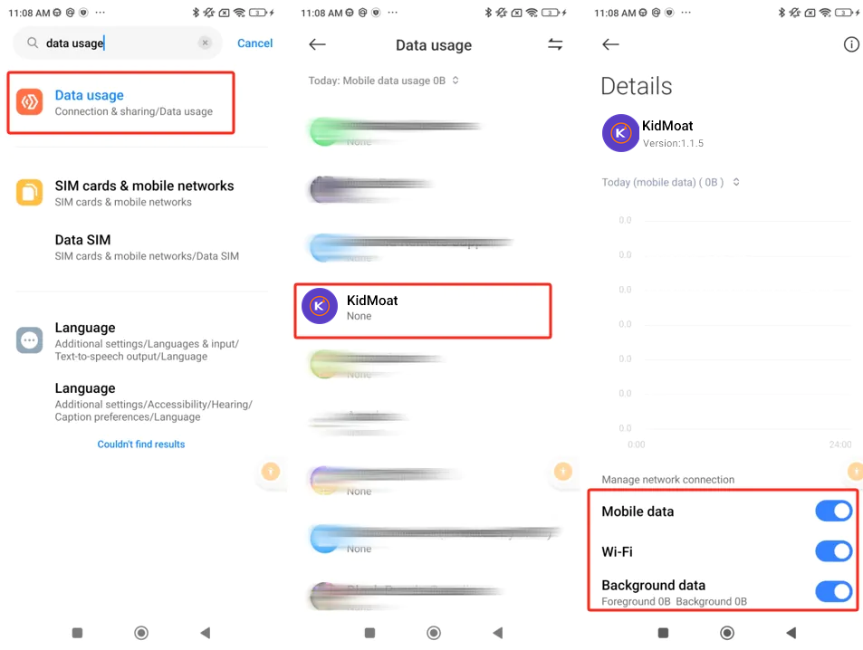 MIUI 14 data usage details for KidMoat with Mobile data, Wi-Fi and Background data all on