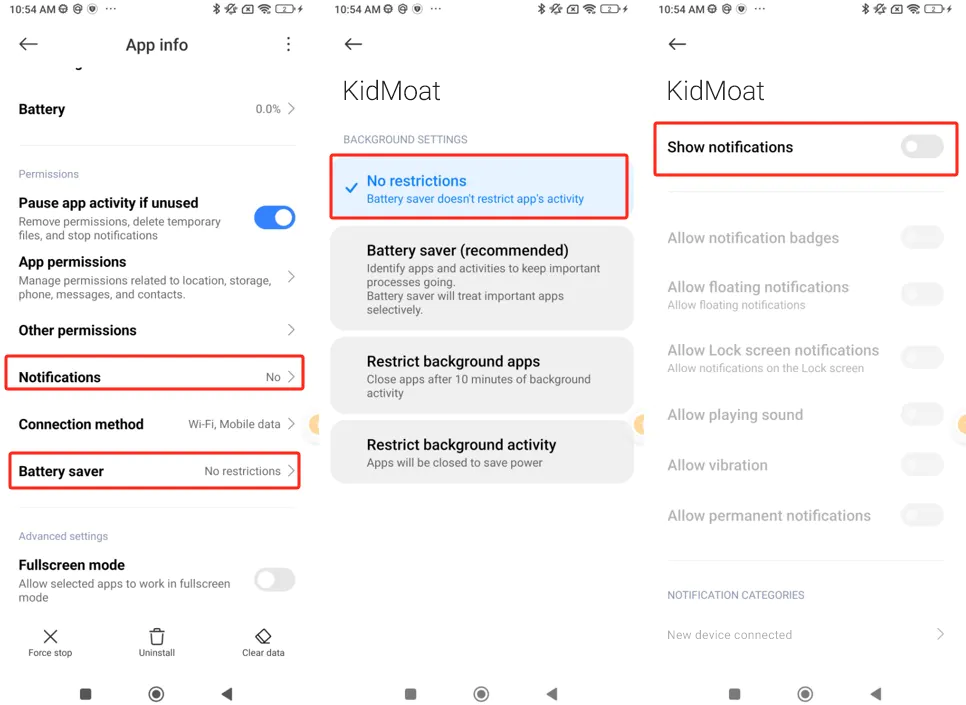 KidMoat background settings with No restrictions selected and the notifications screen with Show notifications to enable