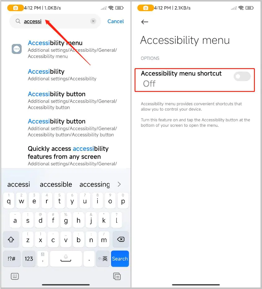 MIUI settings search for accessibility showing the Accessibility menu screen