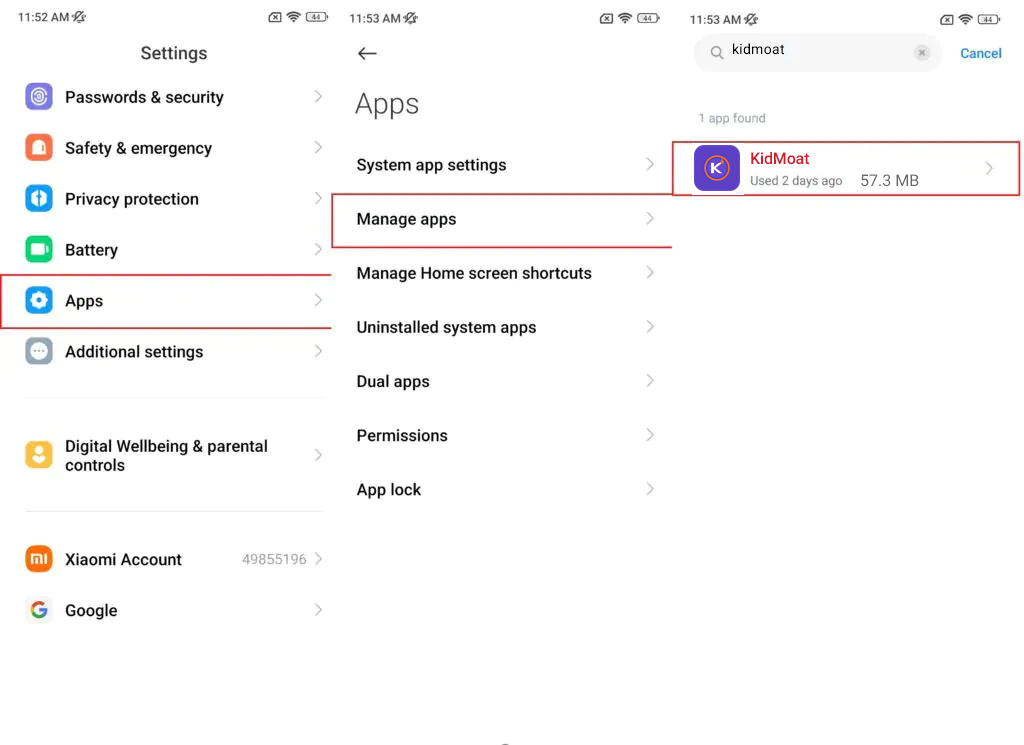 MIUI Manage apps with kidmoat typed in search and the KidMoat result shown