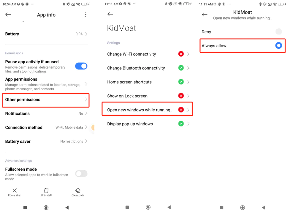 MIUI Other permissions screen with Open new windows while running in the background set to Always allow